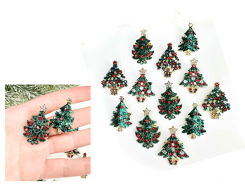 Брошь арт. 30395/XBZ0008-709 Елка зеленая стразы в ассортименте Набор 12 шт. в пак.