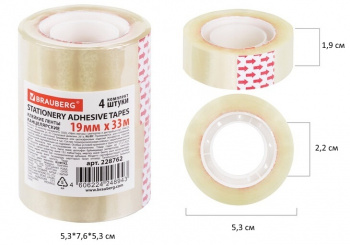 кс_Клейкие ленты арт. 228762 19 мм х 33 м канцелярские BRAUBERG, КОМПЛЕКТ 4 шт., прозрачные